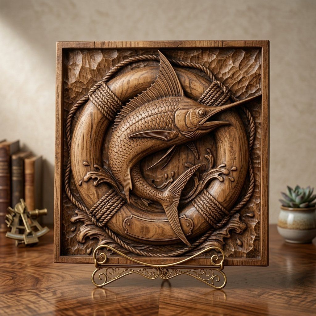 Majestic Marlin Jumping Lifebuoy CNC Relief STL bas-relief STL — view 15