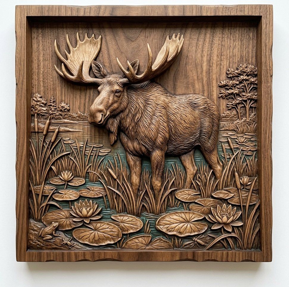 Majestic Moose Marshland 3D Relief | Rustic Wildlife Wall Art Panel | Nature Scene Wood Carving Design | Cabin Decor Woodworking — carved bas relief STL file for CNC
