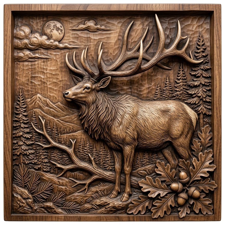 Majestic Mountain Elk Wildlife CNC Relief STL | Forest Deer Wall Art Panel | Rustic Cabin Woodworking Design — carved bas relief STL file for CNC