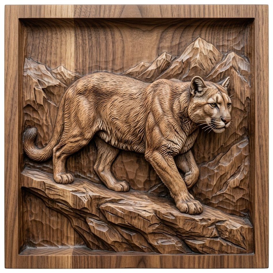 Majestic Mountain Lion Cougar CNC Relief STL | Wildlife Wall Art Panel | Rustic Cabin Home Decor Sculpture — carved bas relief STL file for CNC