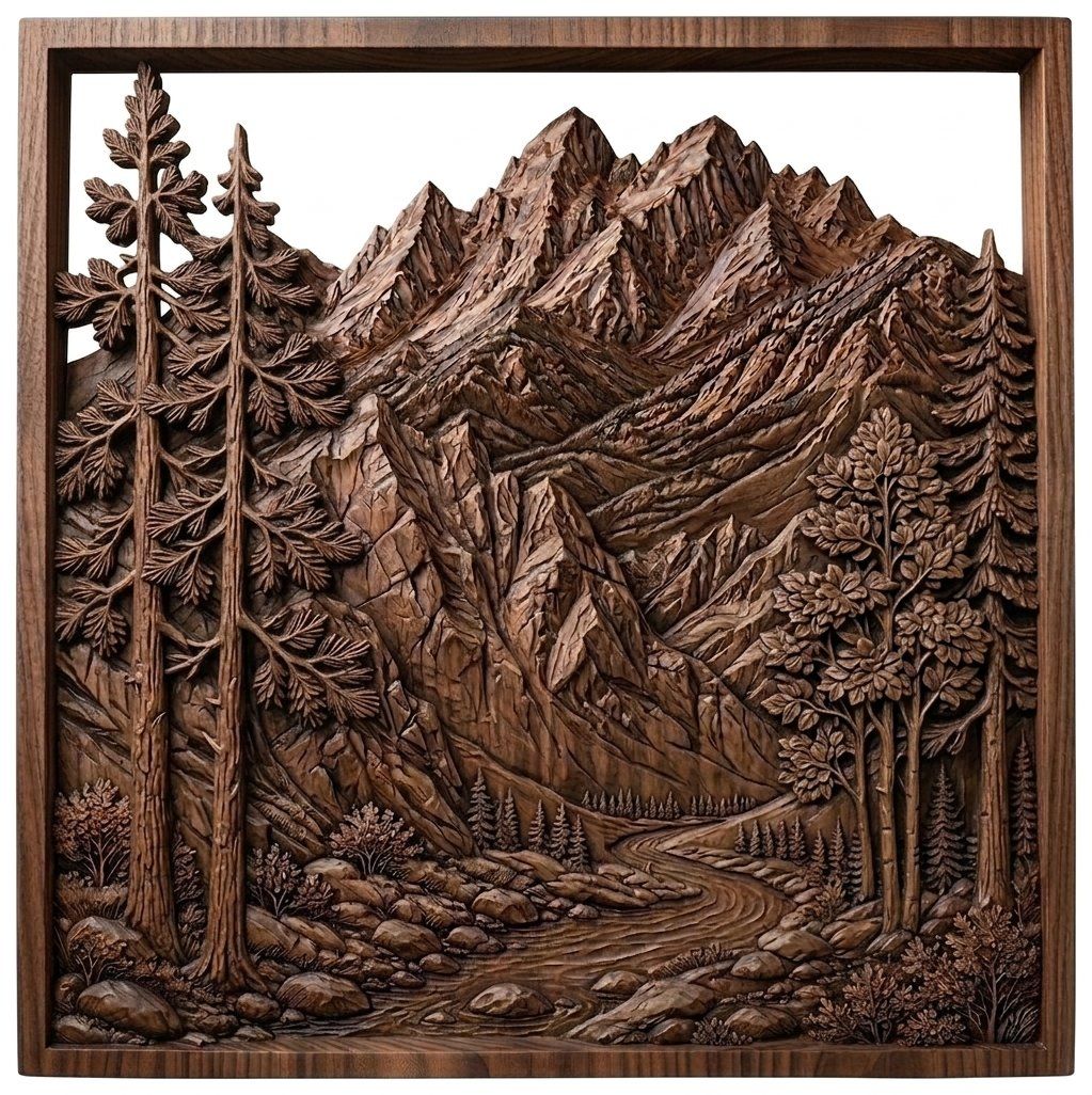 Majestic Mountain Peaks and Pine Forest CNC Relief STL | Nature Wall Art Panel | Rustic Wilderness Wood Carving Design — carved bas relief STL file for CNC
