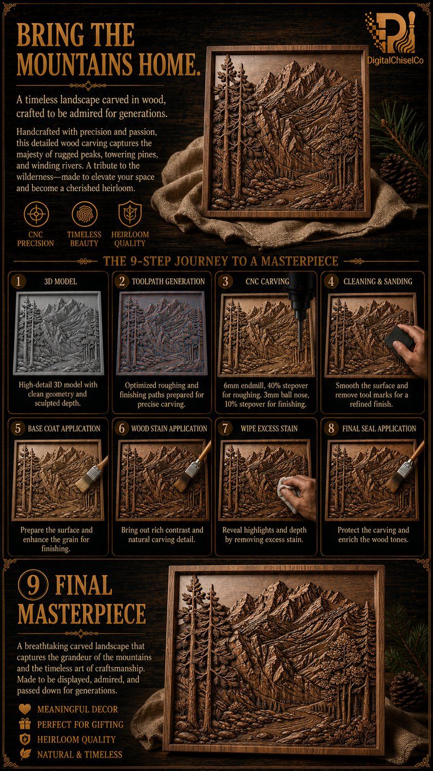 Majestic Mountain Peaks and Pine Forest CNC Relief STL bas-relief STL — view 9