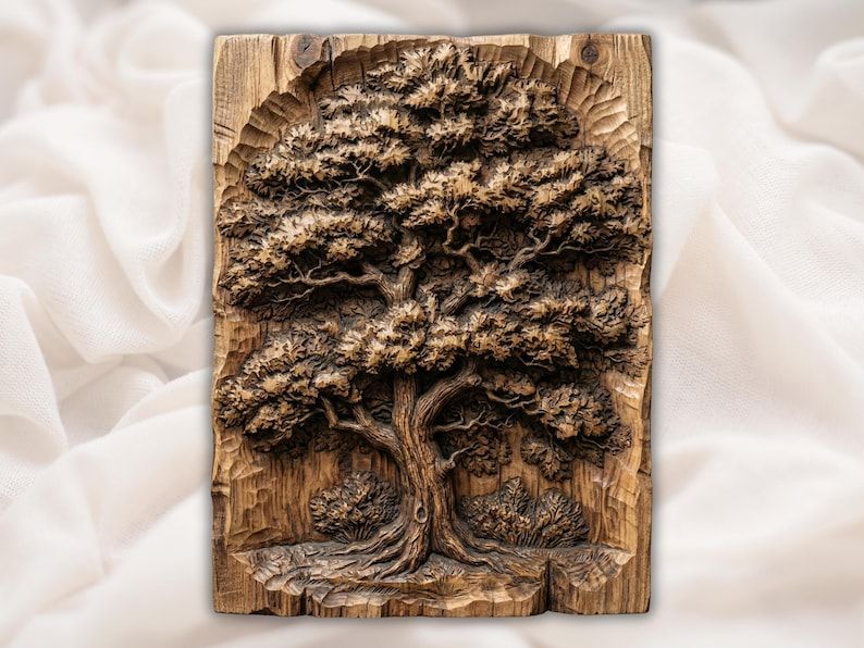 Carved wood bas-relief of a wide oak tree with layered leafy canopy, twisting bark trunk, and low shrubs at the base.