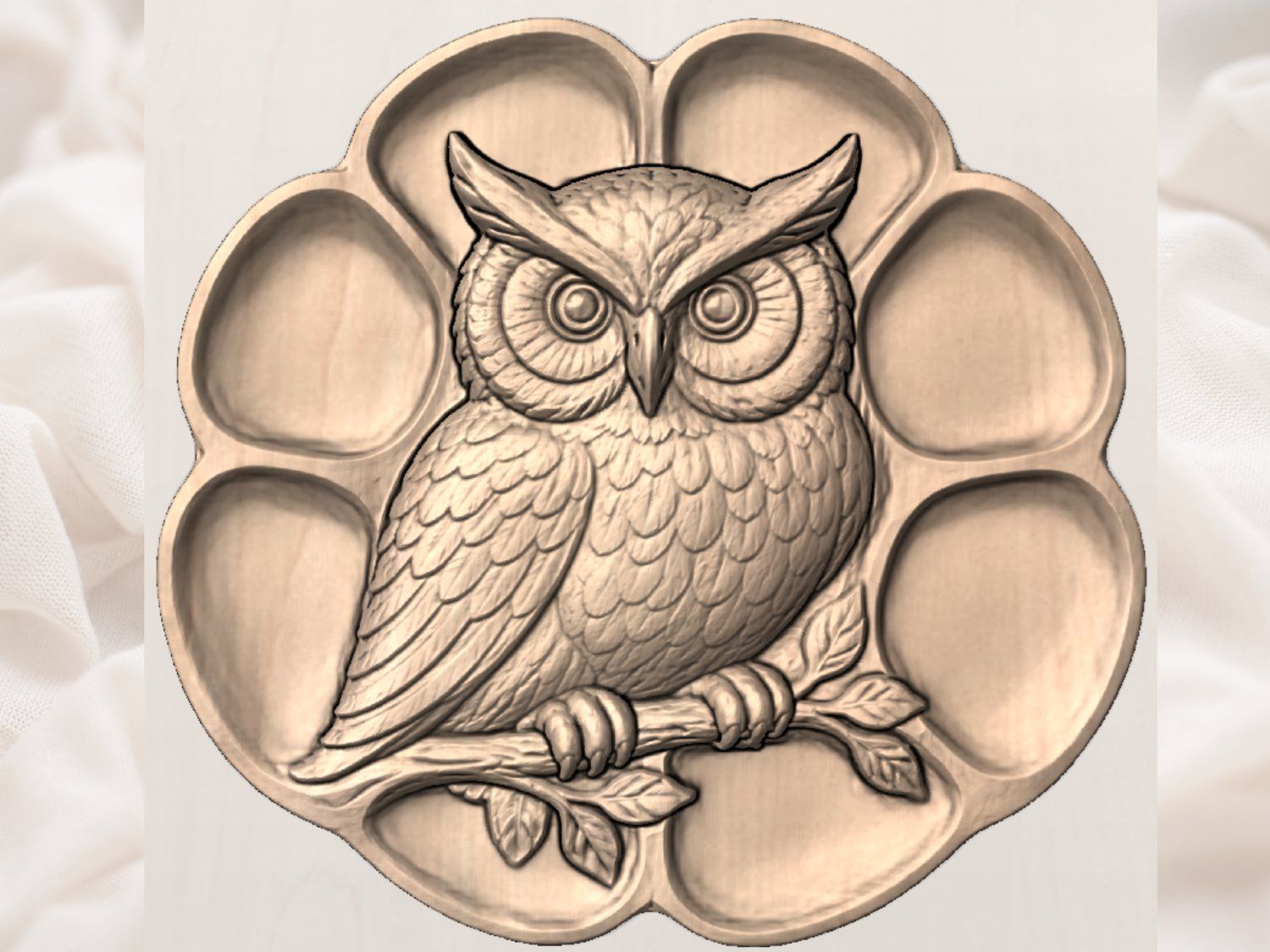 Majestic Owl Wood Carving Platter bas-relief STL — view 3