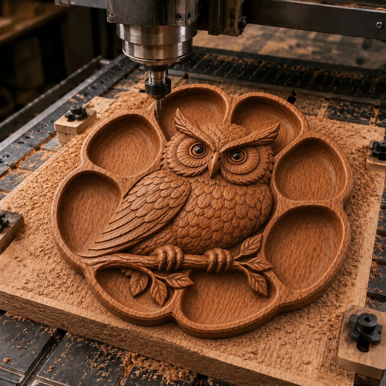 Majestic Owl Wood Carving Platter bas-relief STL — view 5