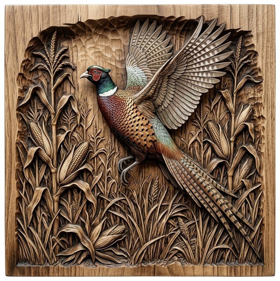Majestic Pheasant Cornfield Scene CNC Relief STL | Wildlife Wood Carving Panel | Hunting Cabin Wall Art Decor — carved bas relief STL file for CNC