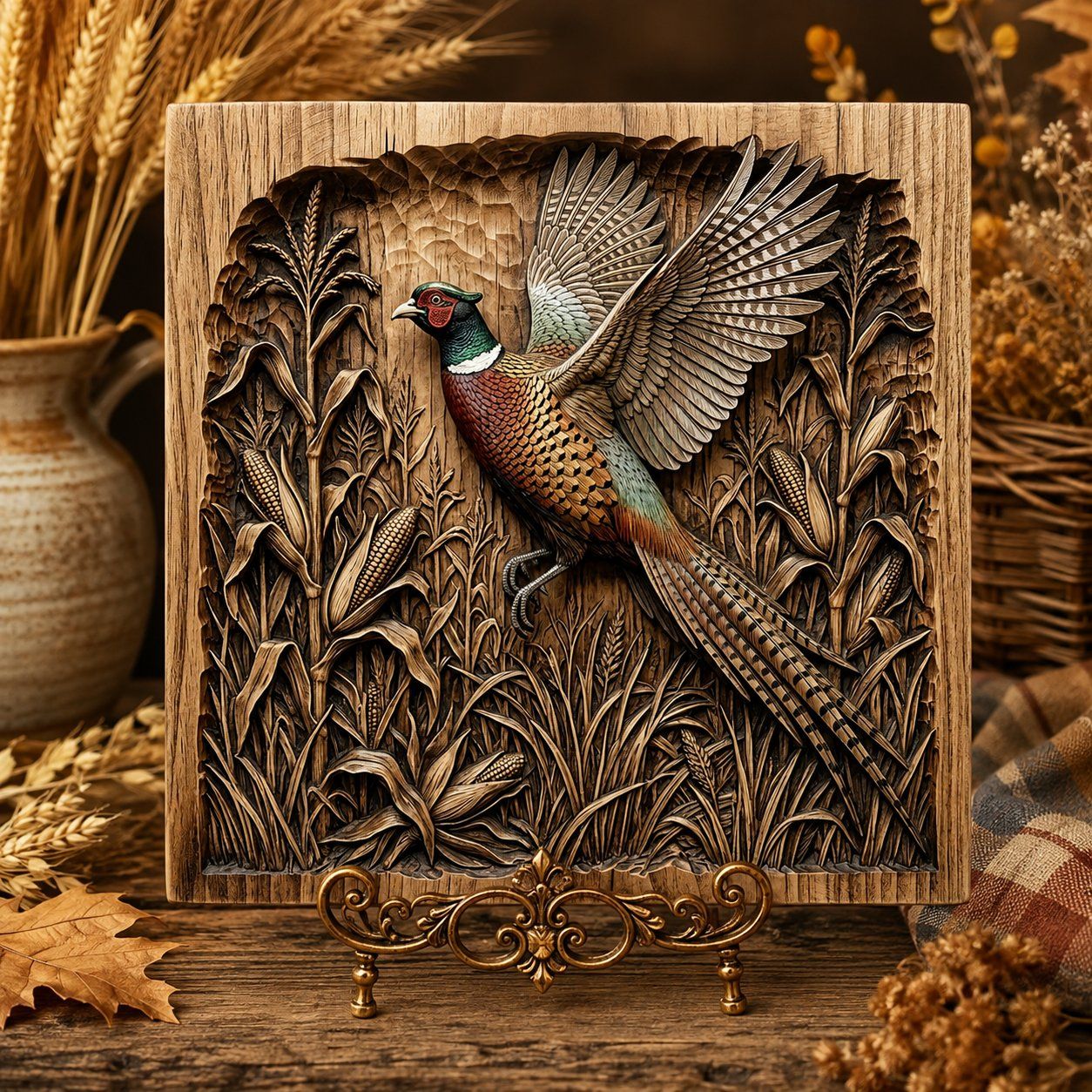 Majestic Pheasant Cornfield Scene CNC Relief STL bas-relief STL — view 7