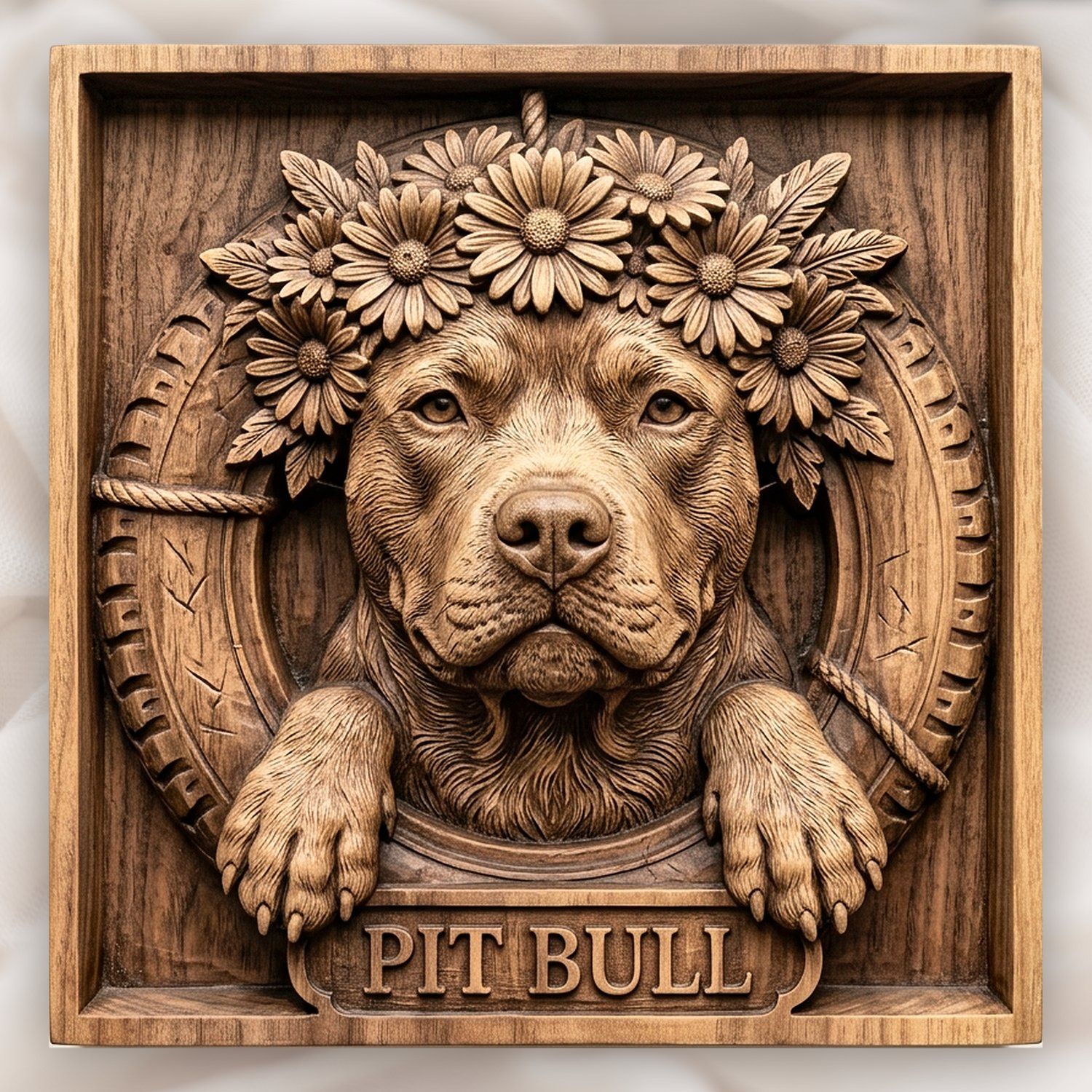 Majestic Pit Bull with Flower Crown Portrait CNC Relief STL bas-relief STL design