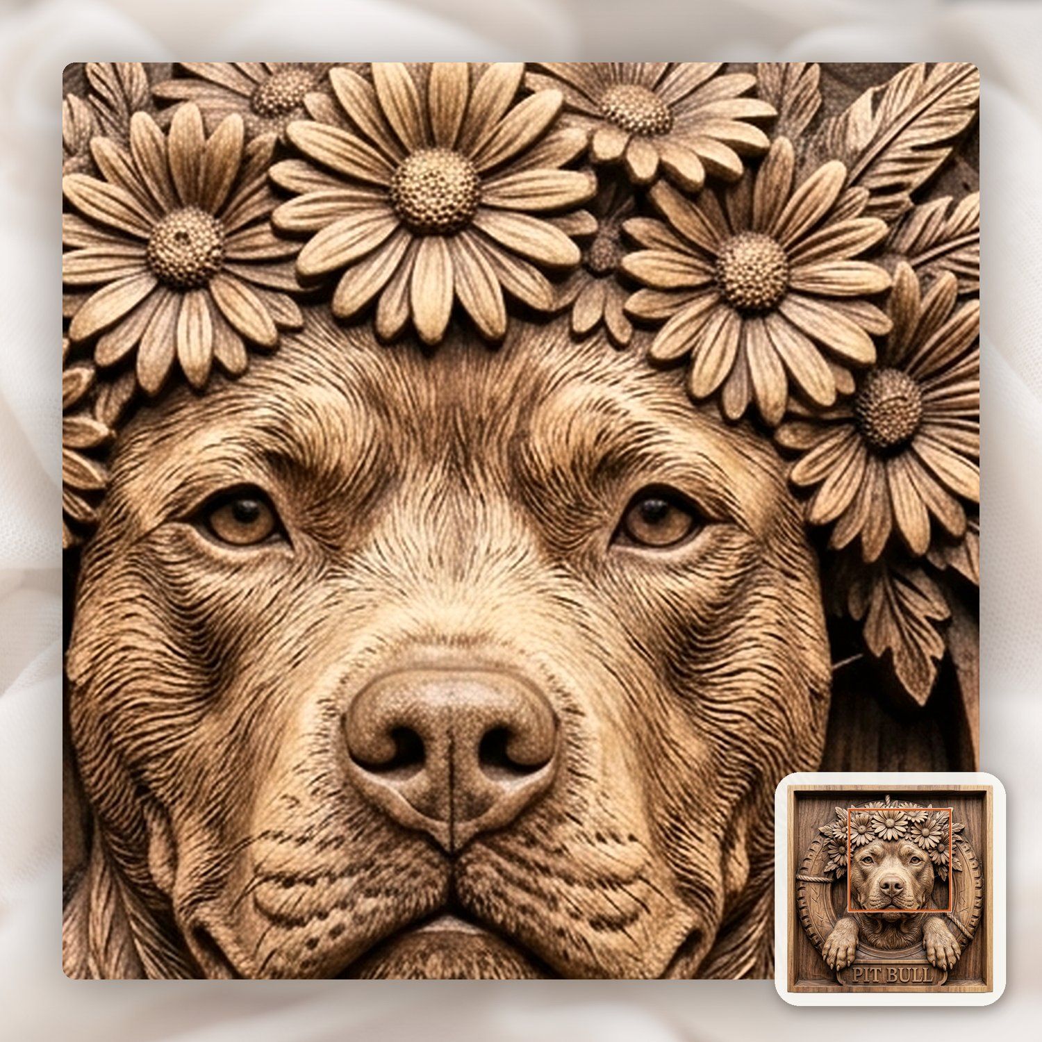 Majestic Pit Bull with Flower Crown Portrait CNC Relief STL bas-relief STL — view 11