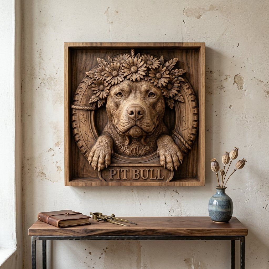 Majestic Pit Bull with Flower Crown Portrait CNC Relief STL bas-relief STL — view 14
