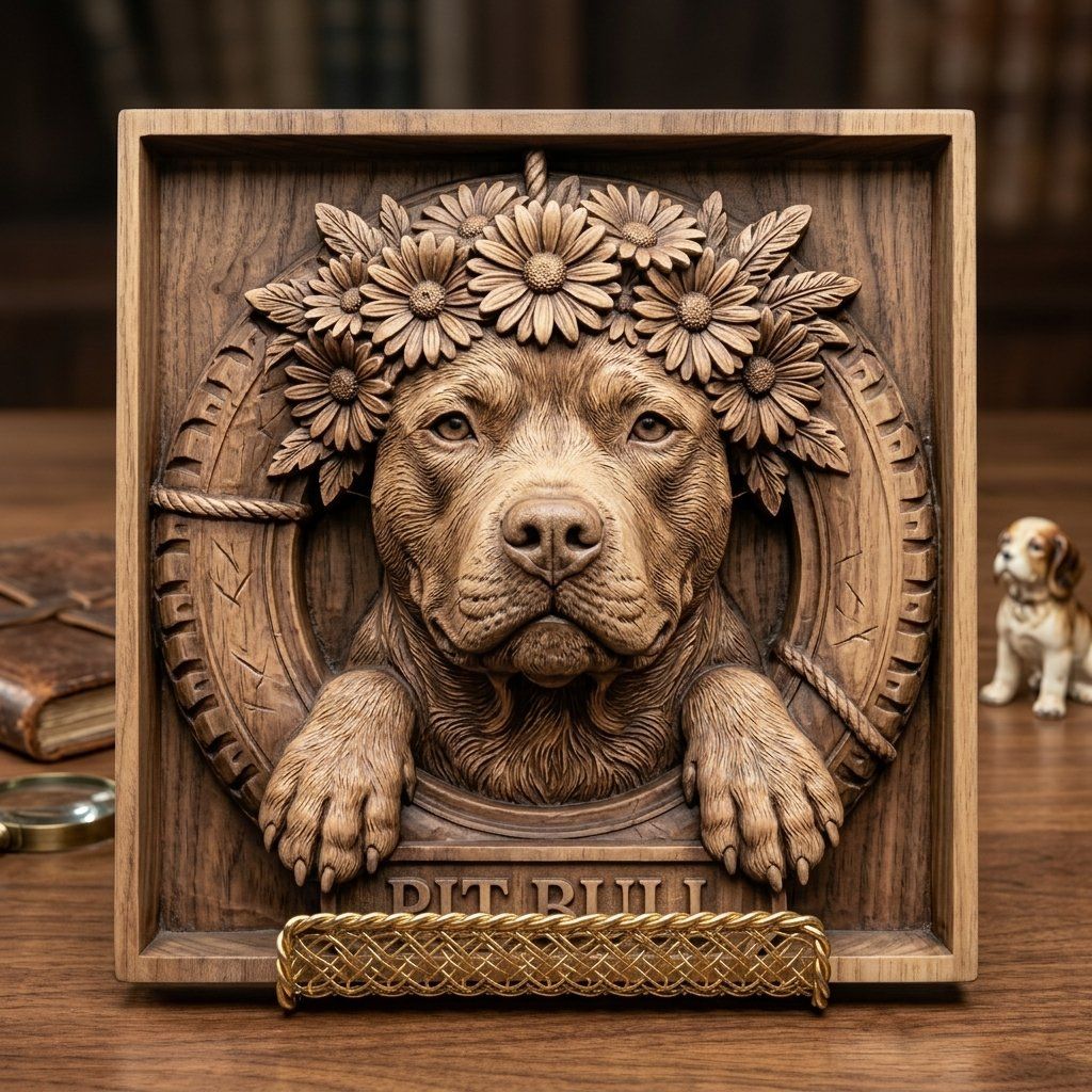 Majestic Pit Bull with Flower Crown Portrait CNC Relief STL bas-relief STL — view 3