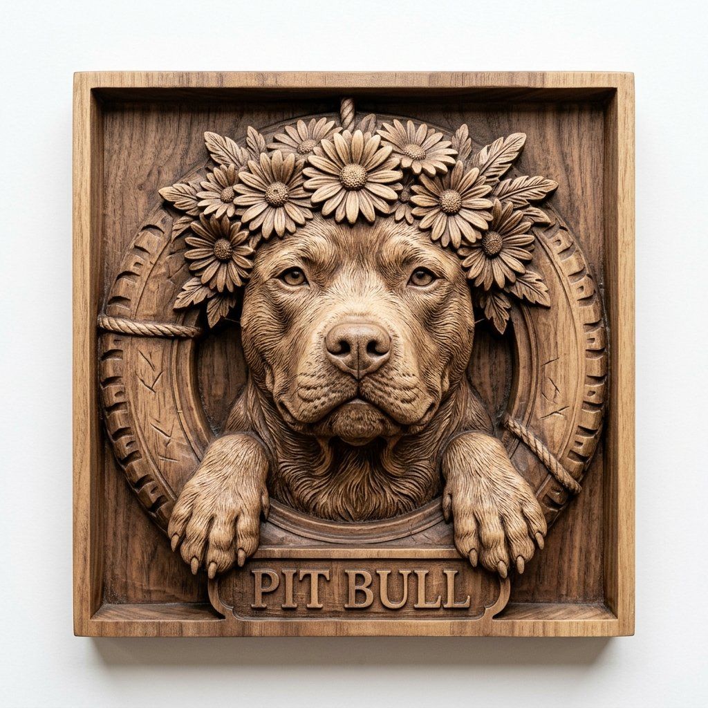 Majestic Pit Bull with Flower Crown Portrait CNC Relief STL bas-relief STL — view 13