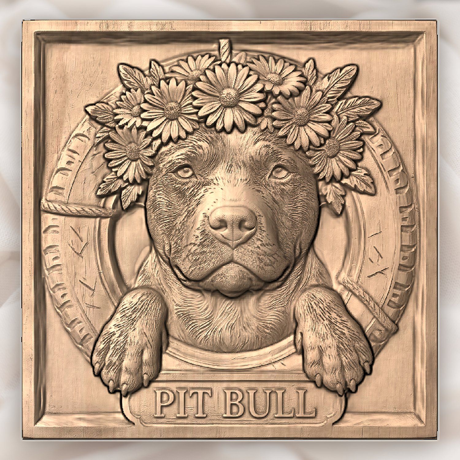Majestic Pit Bull with Flower Crown Portrait CNC Relief STL bas-relief STL — view 4