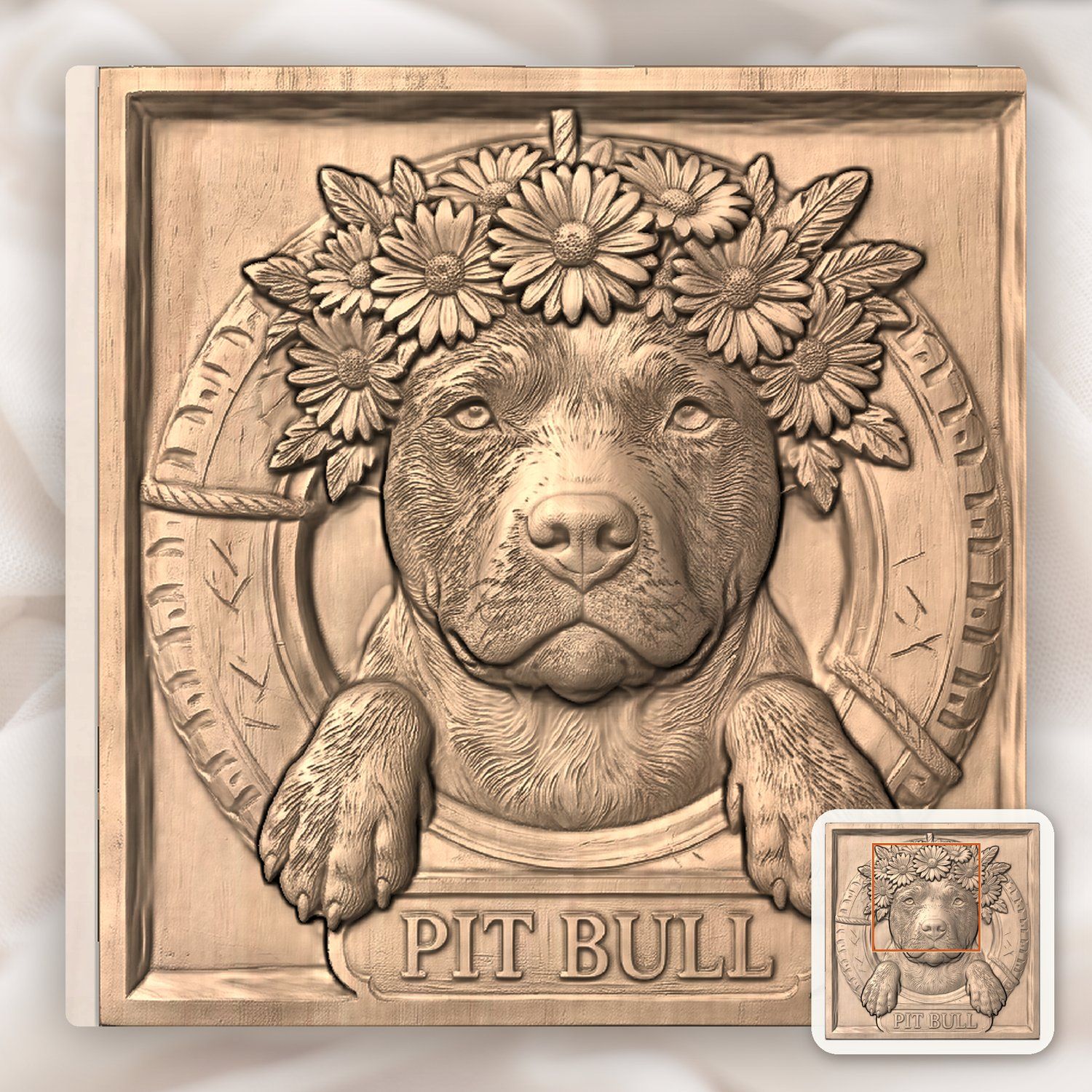Majestic Pit Bull with Flower Crown Portrait CNC Relief STL bas-relief STL — view 6