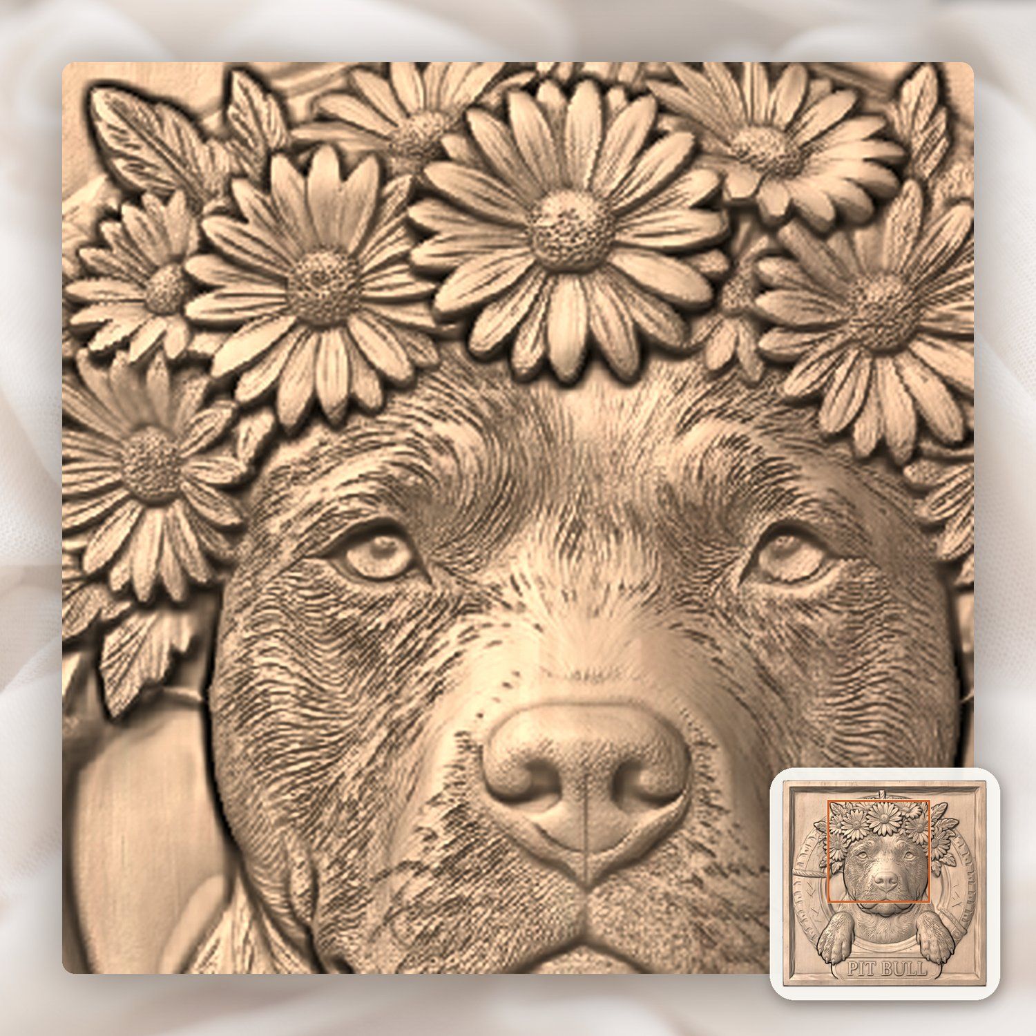Majestic Pit Bull with Flower Crown Portrait CNC Relief STL bas-relief STL — view 7