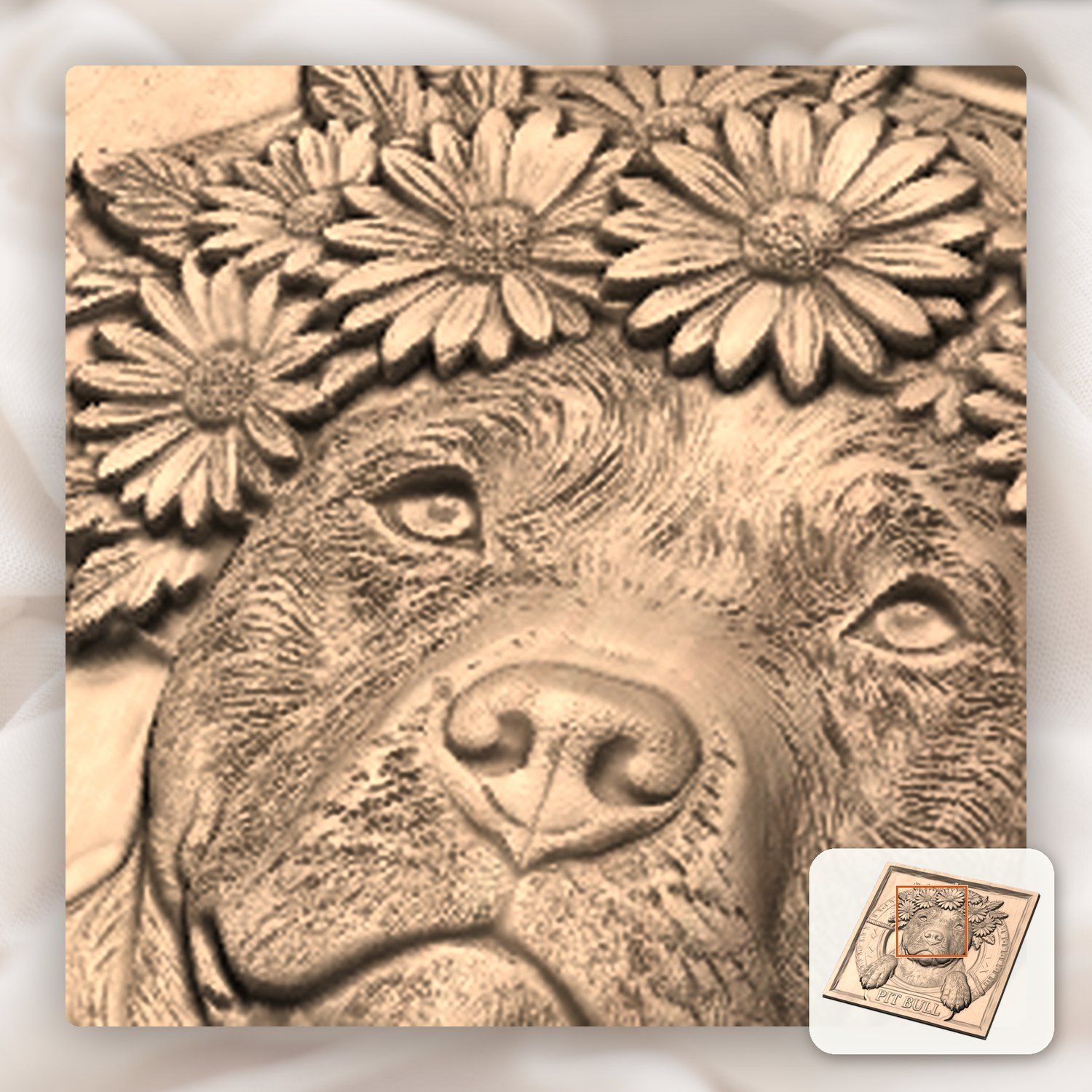 Majestic Pit Bull with Flower Crown Portrait CNC Relief STL bas-relief STL — view 9