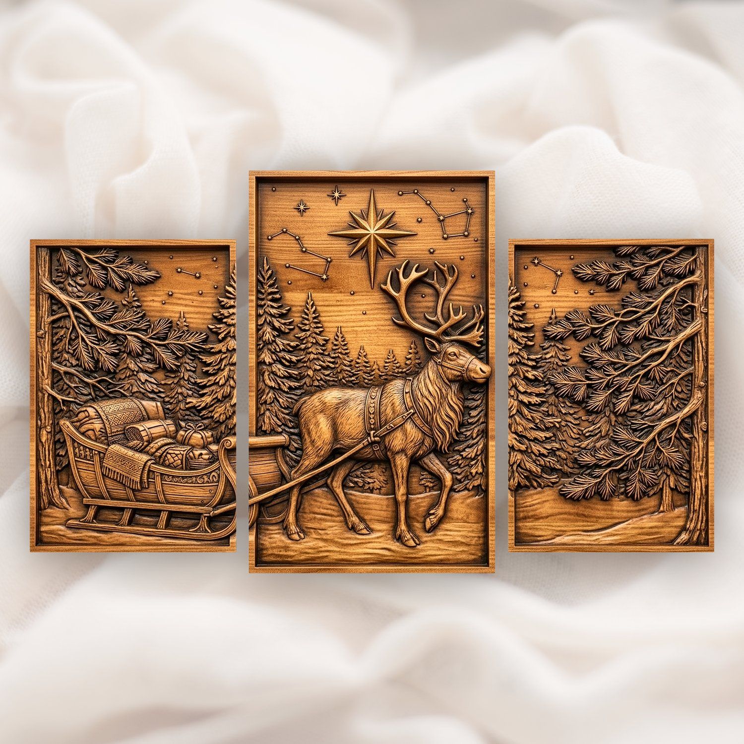 Majestic Reindeer Sleigh Winter Forest 3 Stepped Vertical Decor Panels CNC Relief STL bas-relief STL design