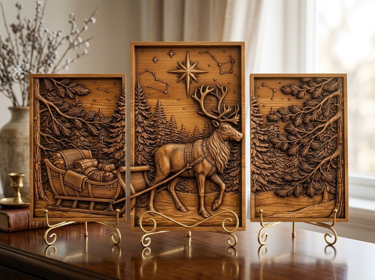 Majestic Reindeer Sleigh Winter Forest 3 Stepped Vertical Decor Panels CNC Relief STL bas-relief STL — view 12