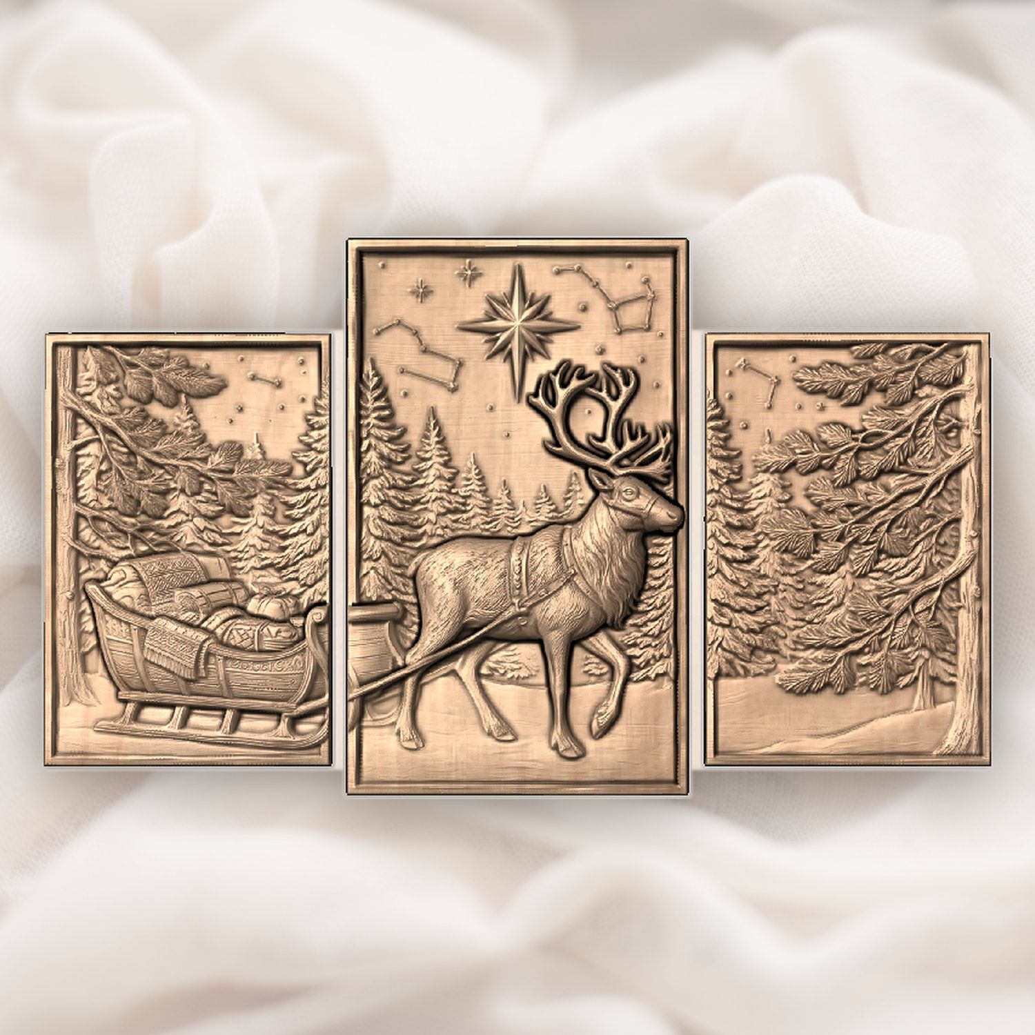 Majestic Reindeer Sleigh Winter Forest 3 Stepped Vertical Decor Panels CNC Relief STL bas-relief STL — view 4