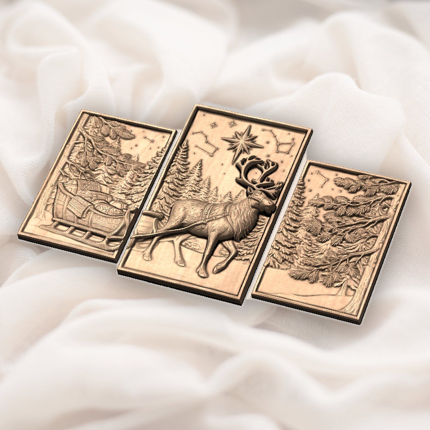 Majestic Reindeer Sleigh Winter Forest 3 Stepped Vertical Decor Panels CNC Relief STL bas-relief STL — view 5