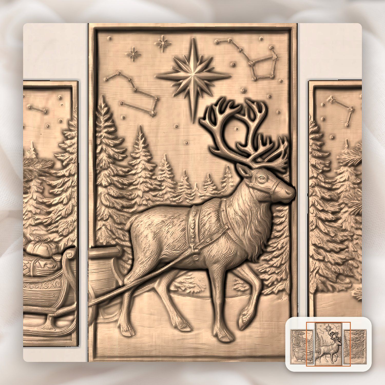 Majestic Reindeer Sleigh Winter Forest 3 Stepped Vertical Decor Panels CNC Relief STL bas-relief STL — view 6