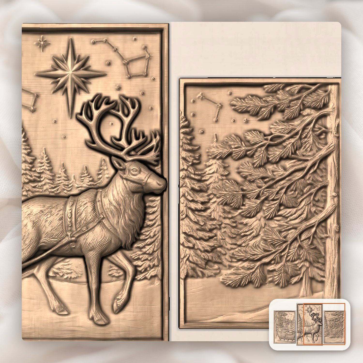 Majestic Reindeer Sleigh Winter Forest 3 Stepped Vertical Decor Panels CNC Relief STL bas-relief STL — view 7