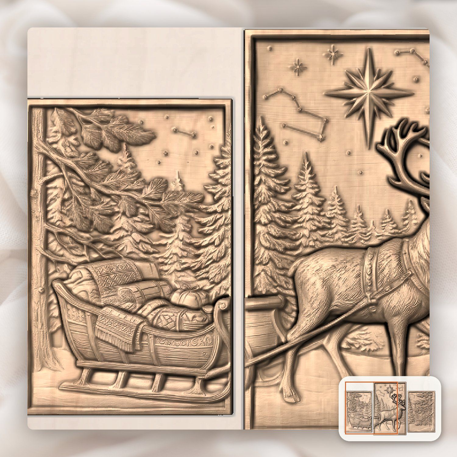 Majestic Reindeer Sleigh Winter Forest 3 Stepped Vertical Decor Panels CNC Relief STL bas-relief STL — view 8