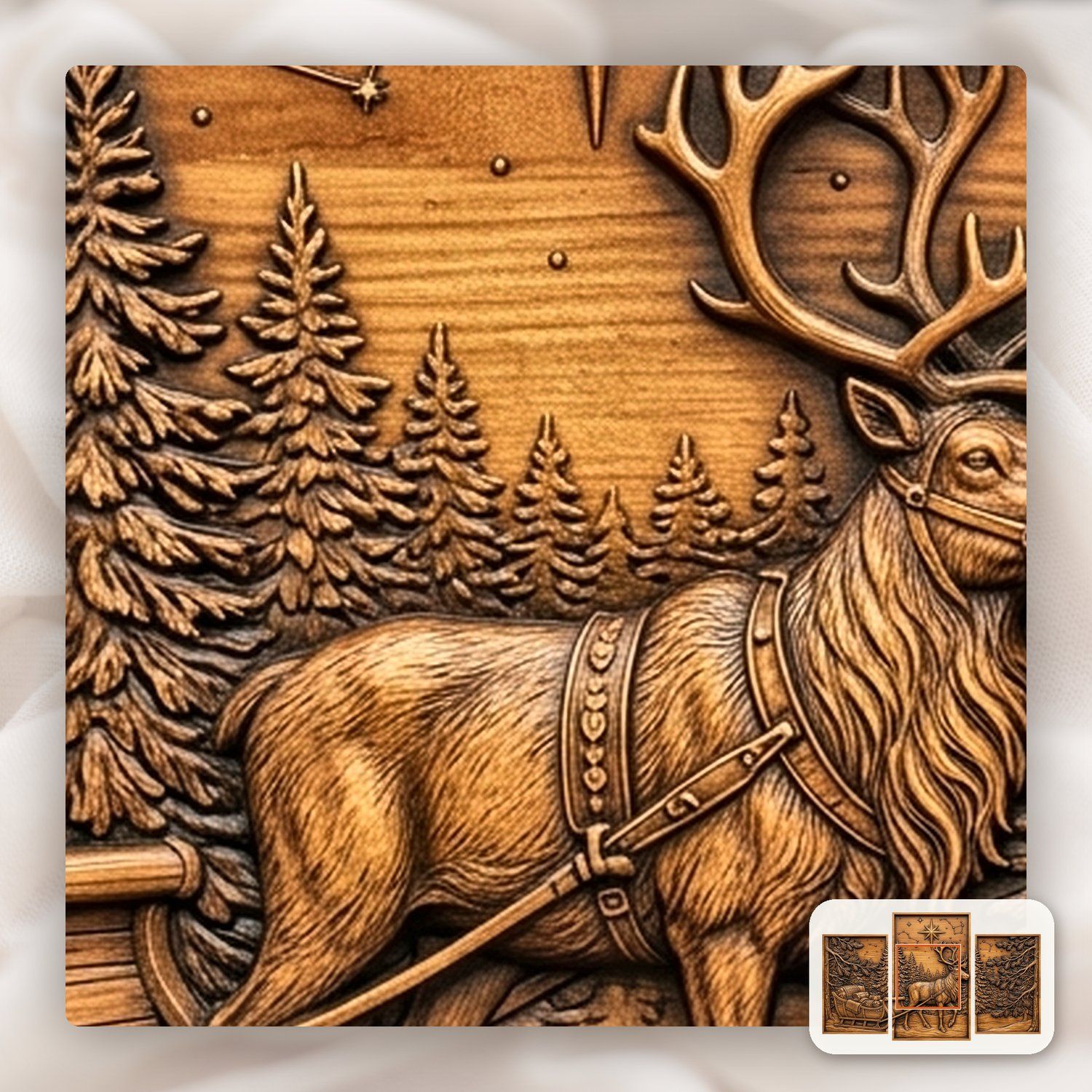 Majestic Reindeer Sleigh Winter Forest 3 Stepped Vertical Decor Panels CNC Relief STL bas-relief STL — view 9