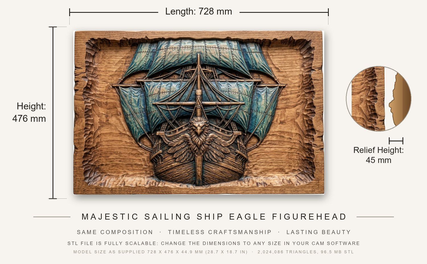 Majestic Sailing Ship Eagle Figurehead CNC Relief STL bas-relief STL — view 3