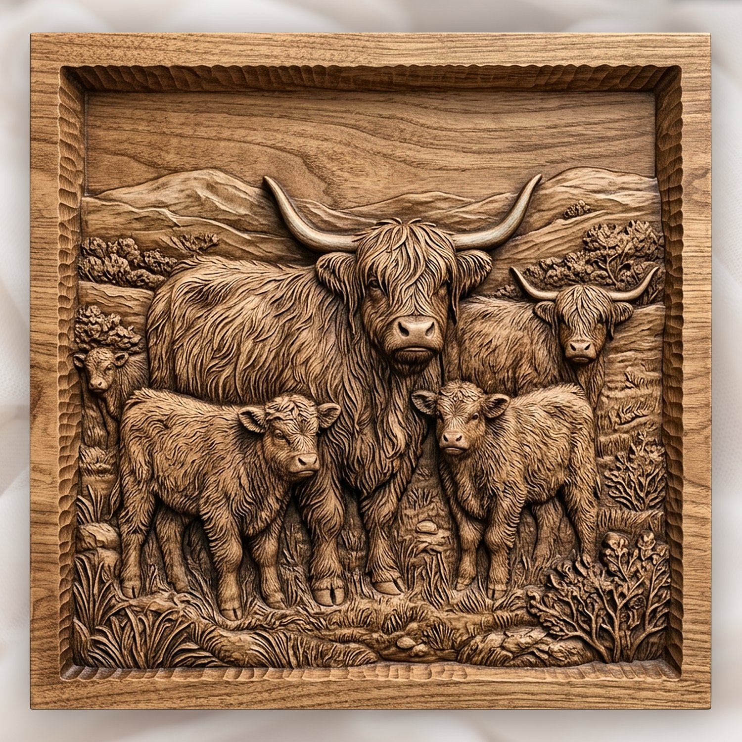Majestic Scottish Highland Cow Family CNC Relief STL bas-relief STL design