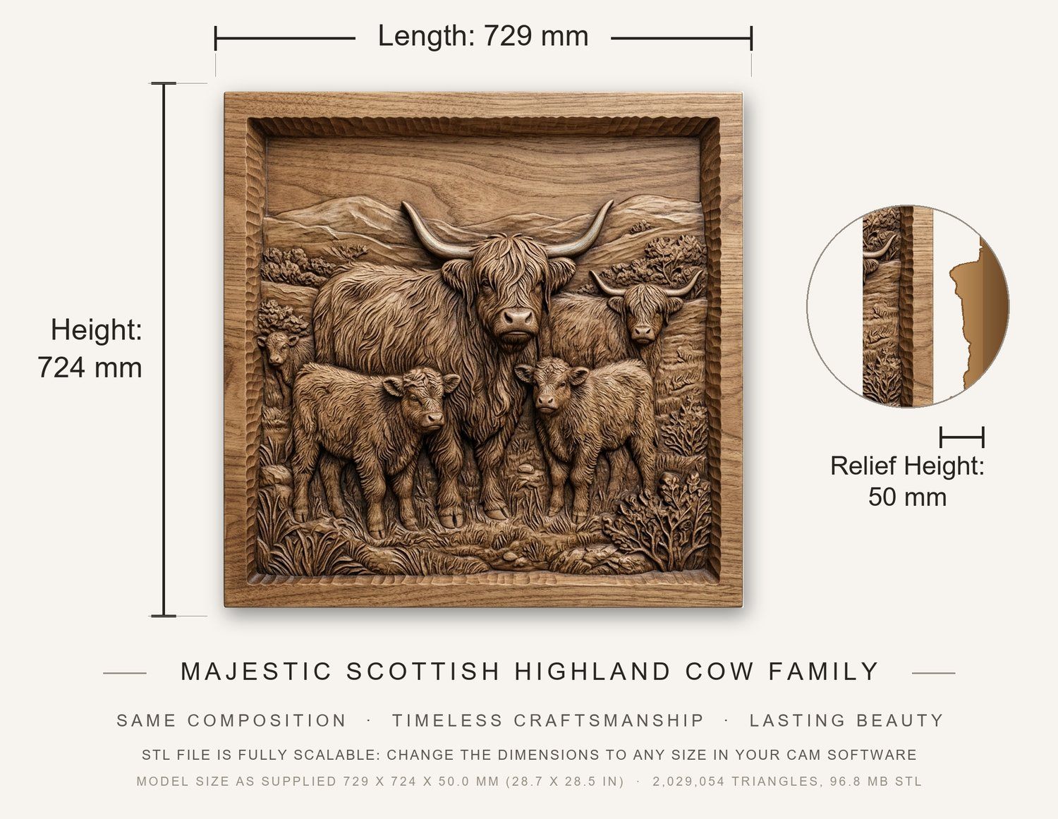 Majestic Scottish Highland Cow Family CNC Relief STL bas-relief STL — view 3