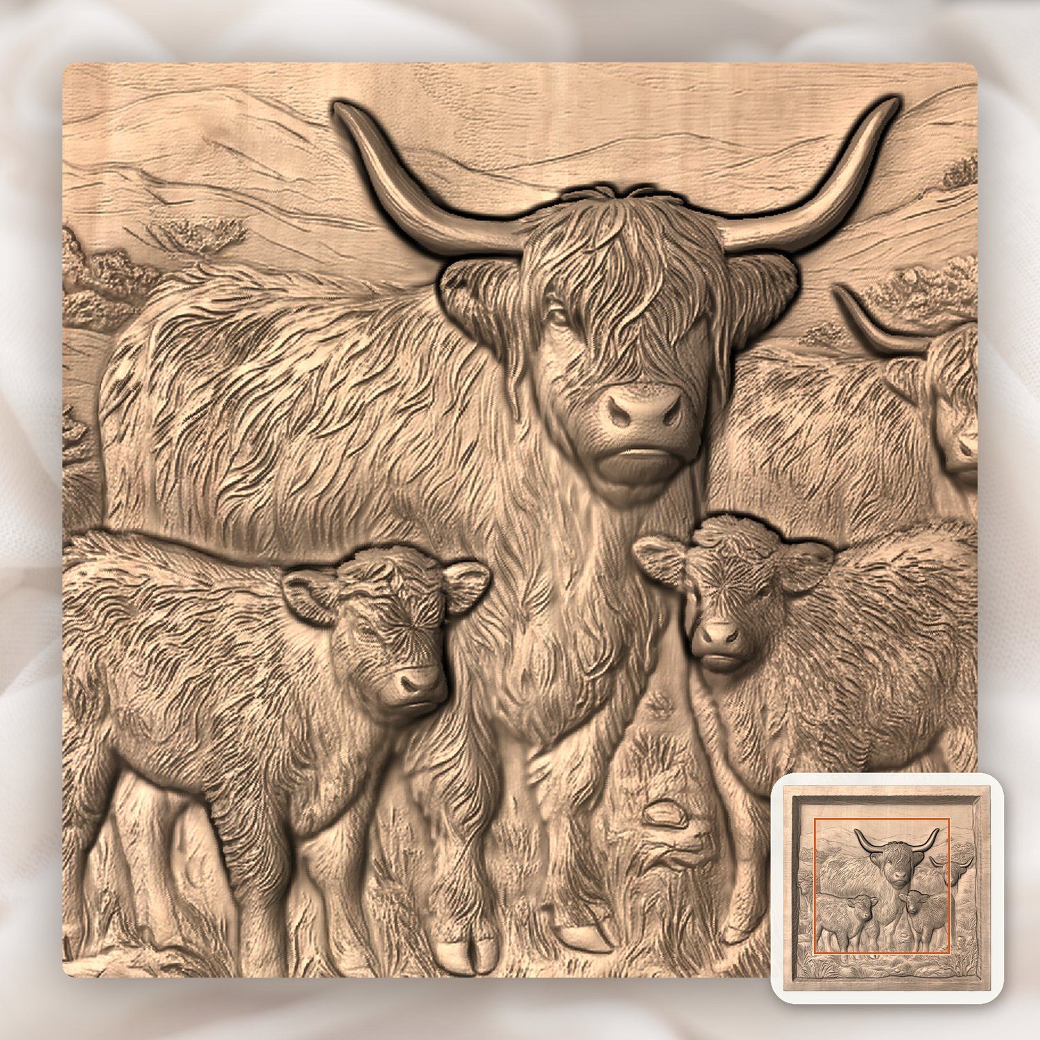 Majestic Scottish Highland Cow Family CNC Relief STL bas-relief STL — view 6