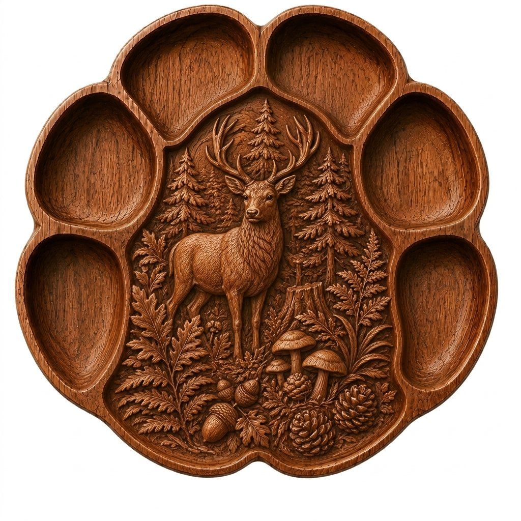 Majestic Stag Forest Paw Platter CNC Relief STL | Wildlife Serving Tray Design | Rustic Cabin Decor Panel | Woodworking Art — carved bas relief STL file for CNC