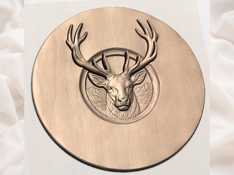 Stag Portrait in a Recessed Circle, Mountain Backdrop Relief STL bas-relief STL — view 2