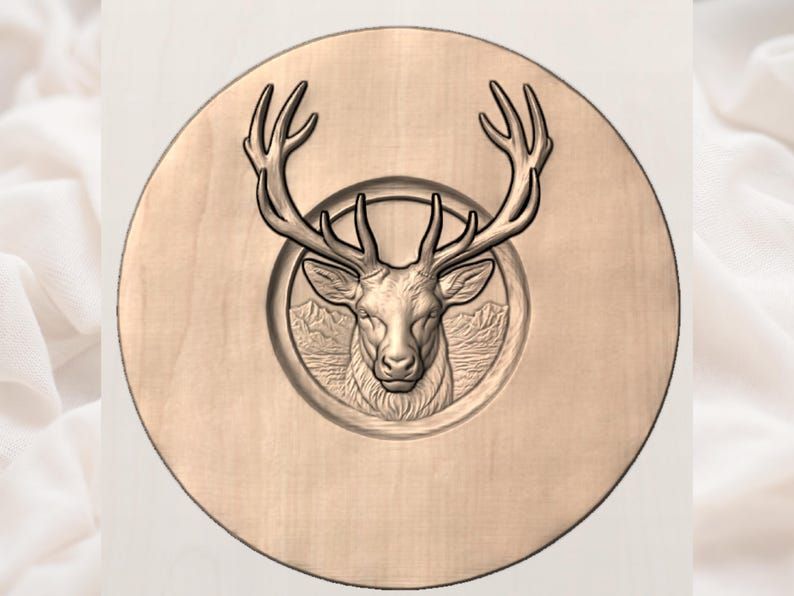 Stag Portrait in a Recessed Circle, Mountain Backdrop Relief STL bas-relief STL — view 3