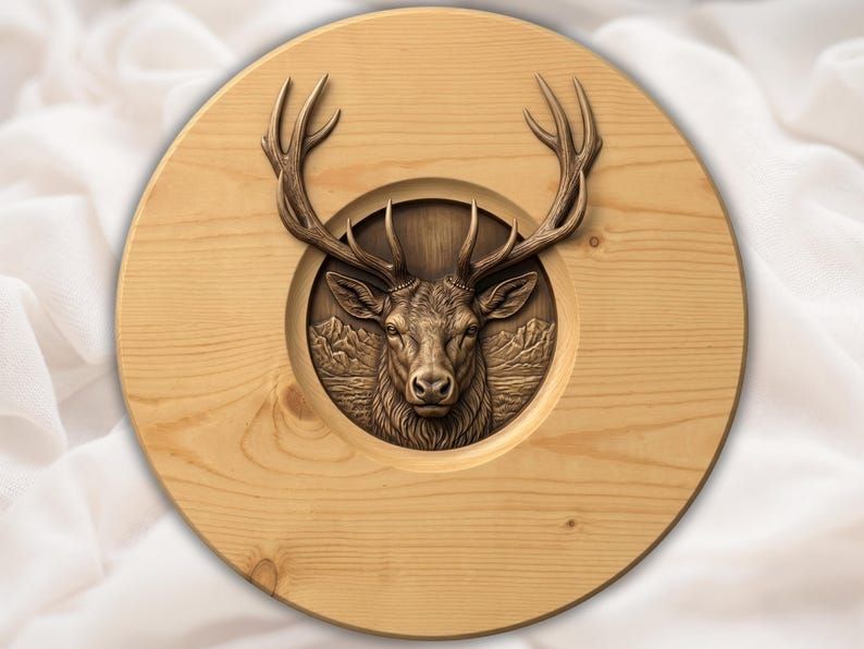Stag Portrait in a Recessed Circle, Mountain Backdrop Relief STL bas-relief STL design