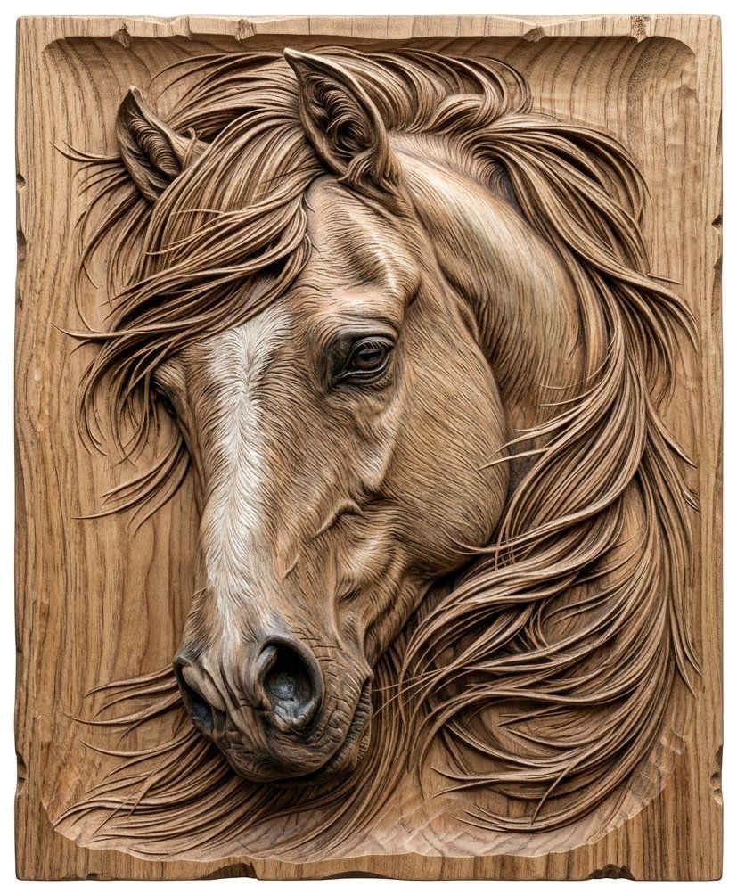 Majestic Stallion Horse Portrait CNC Relief STL | Western Equestrian Wall Decor Design | Rustic Wildlife Wood Carving Panel — carved bas relief STL file for CNC