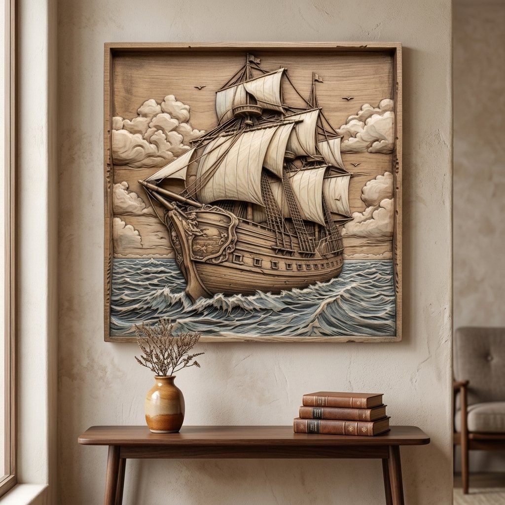 Majestic Tall Ship Nautical Wood Carving CNC Relief STL bas-relief STL — view 6