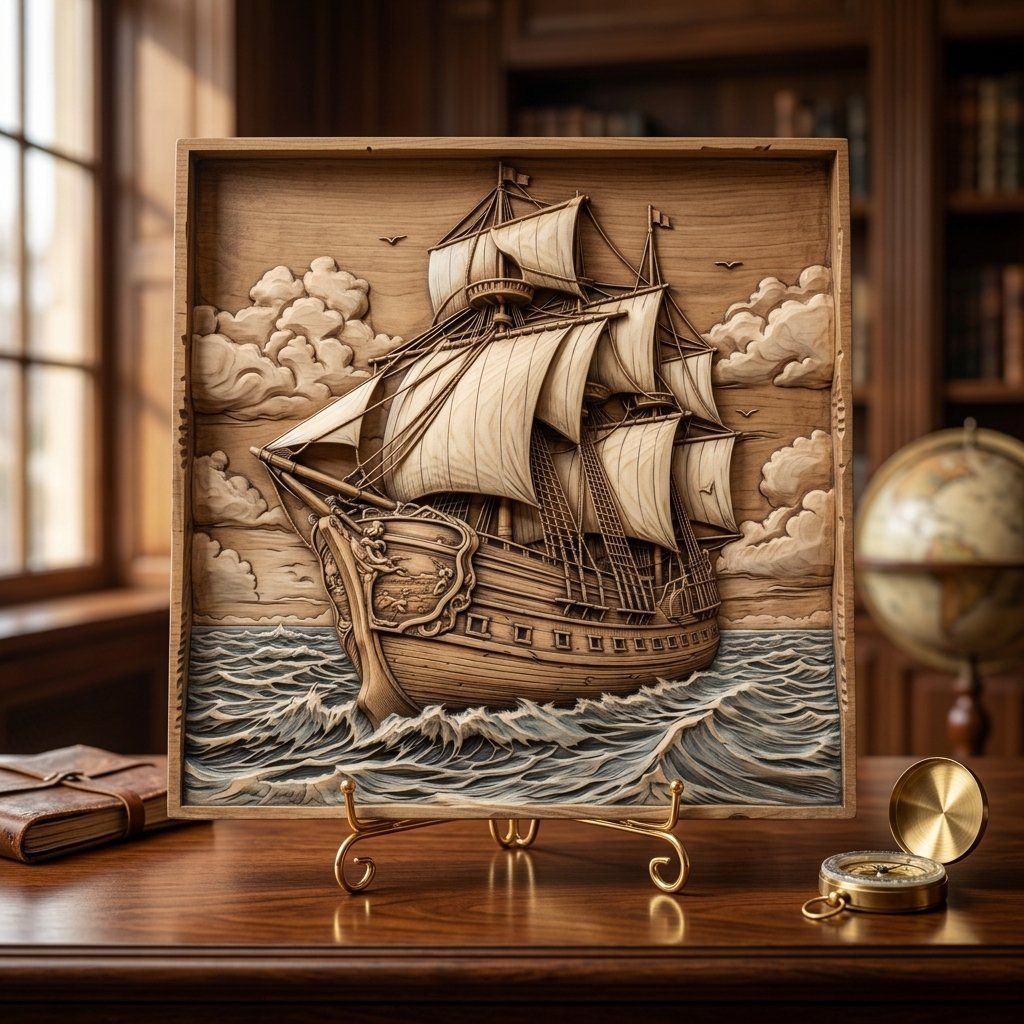 Majestic Tall Ship Nautical Wood Carving CNC Relief STL bas-relief STL — view 7