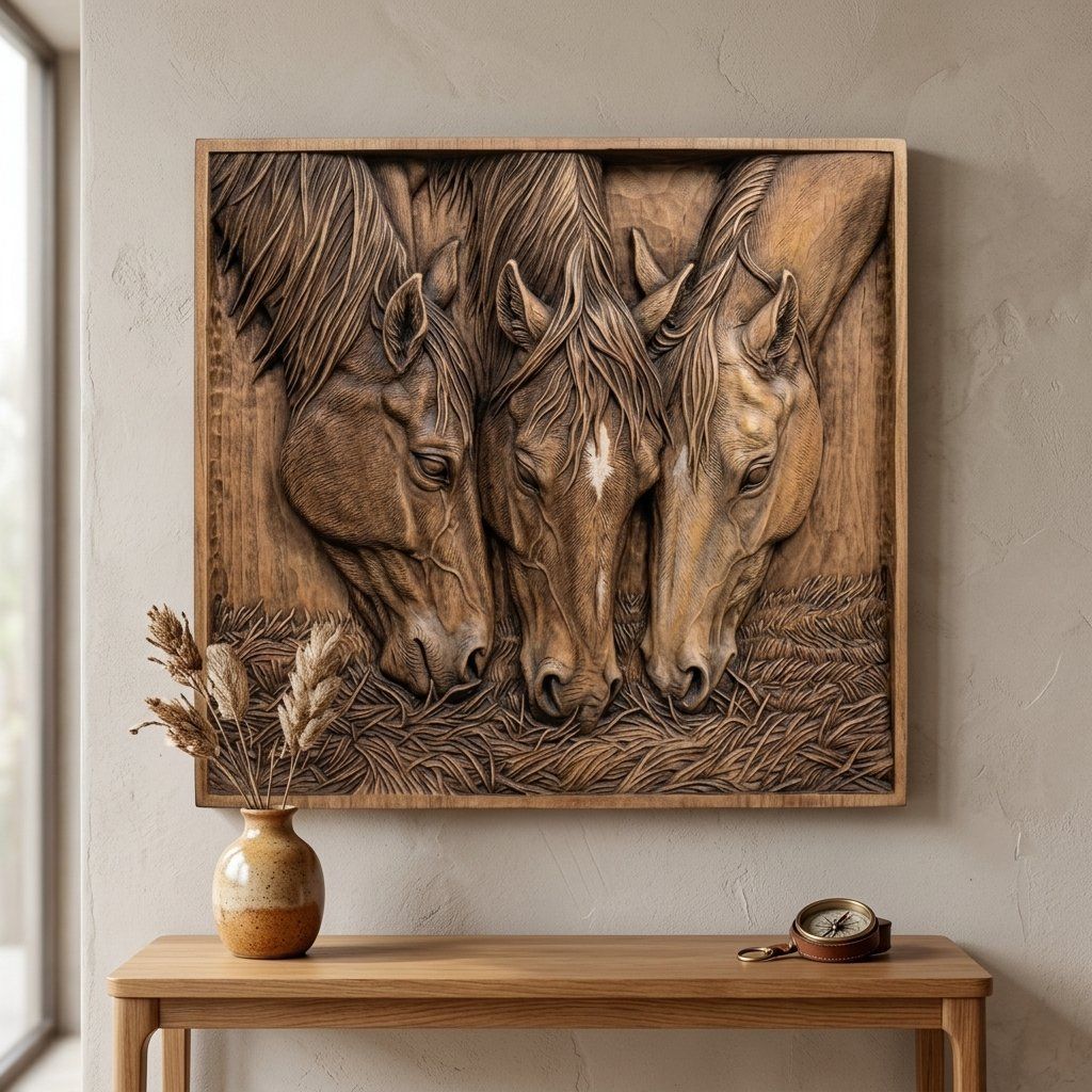 Majestic Three Horses Grazing CNC Relief STL bas-relief STL — view 6