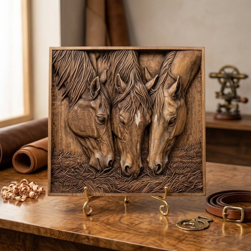 Majestic Three Horses Grazing CNC Relief STL bas-relief STL — view 7