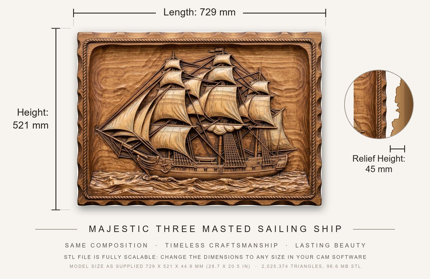 Majestic Three Masted Sailing Ship CNC Relief STL bas-relief STL — view 3