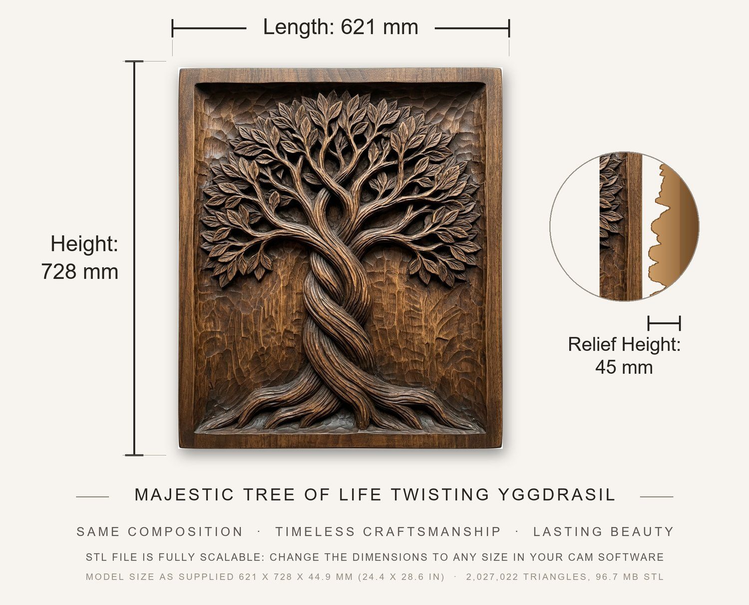 Majestic Tree of Life Twisting Yggdrasil Panel CNC Relief STL bas-relief STL — view 3
