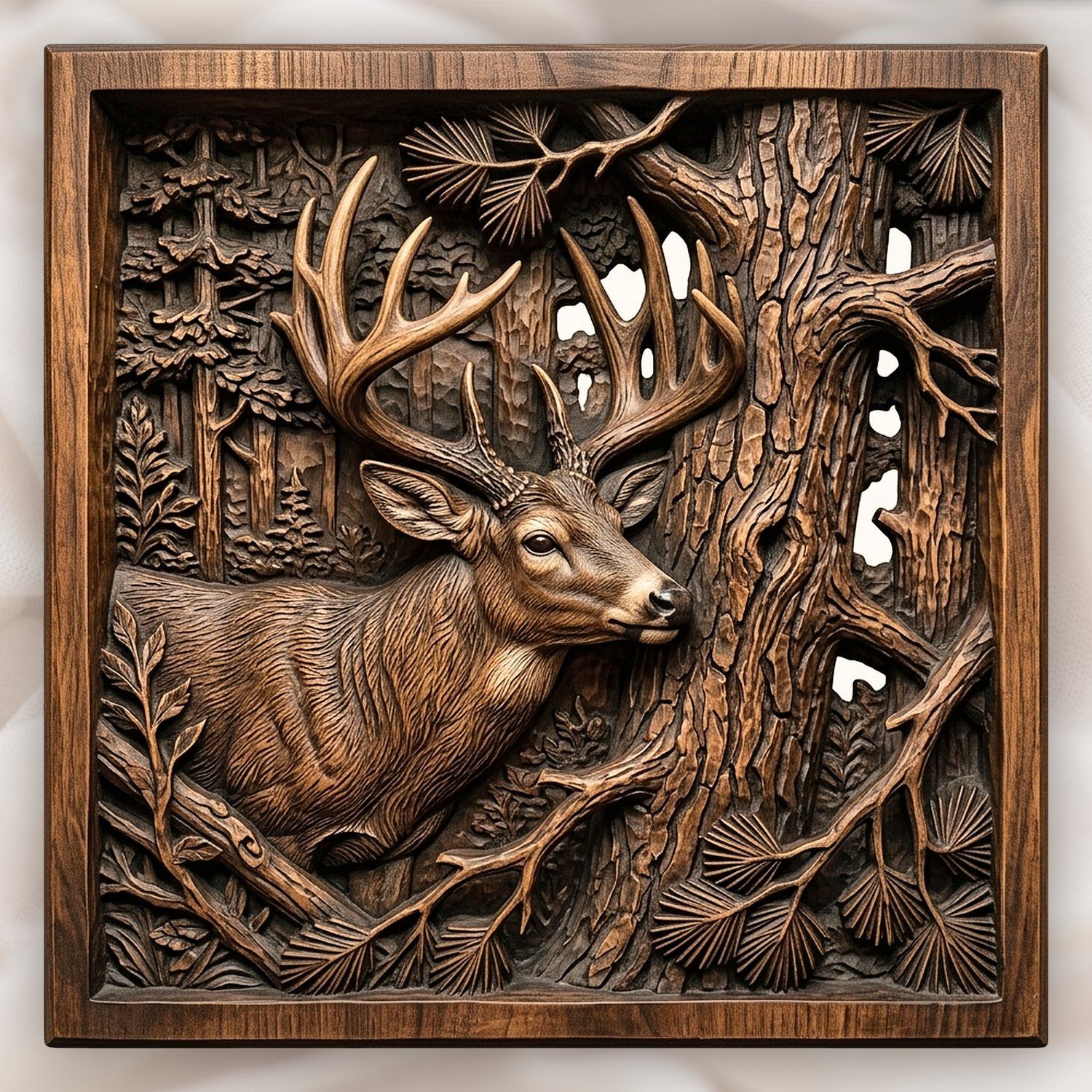Majestic Whitetail Buck and Pine Tree CNC Relief STL bas-relief STL design