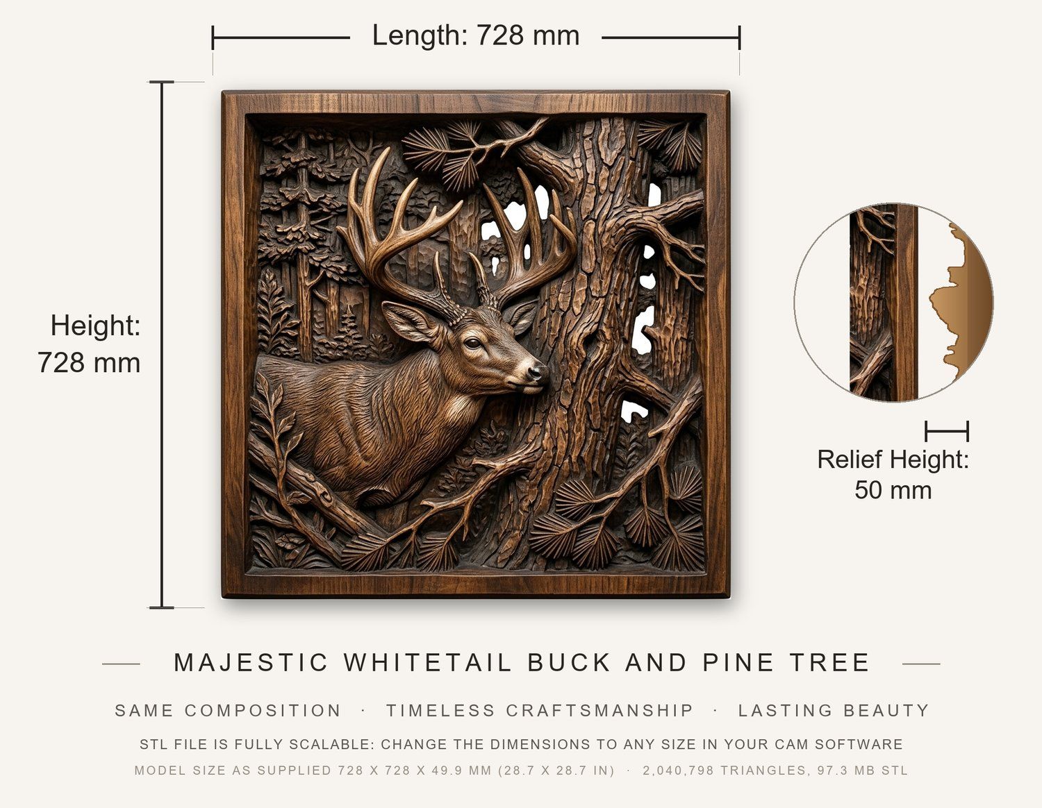 Majestic Whitetail Buck and Pine Tree CNC Relief STL bas-relief STL — view 3
