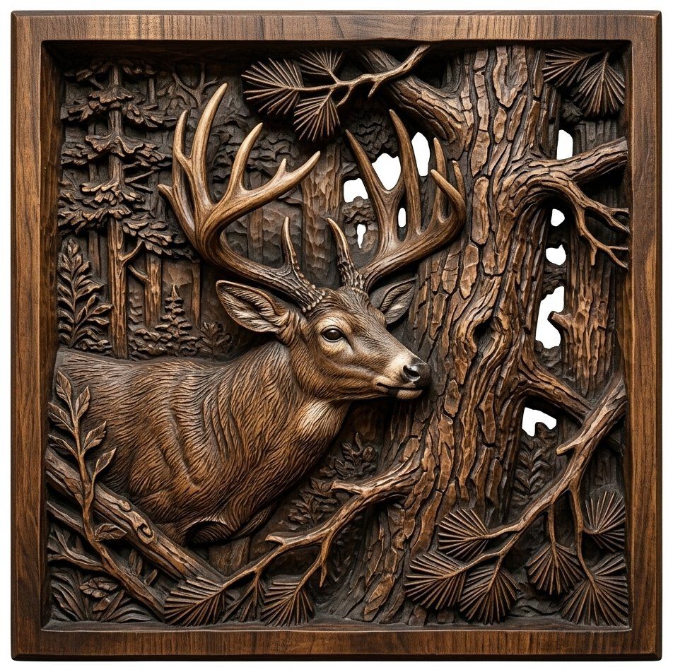Majestic Whitetail Buck and Pine Tree CNC Relief STL bas-relief STL — view 4