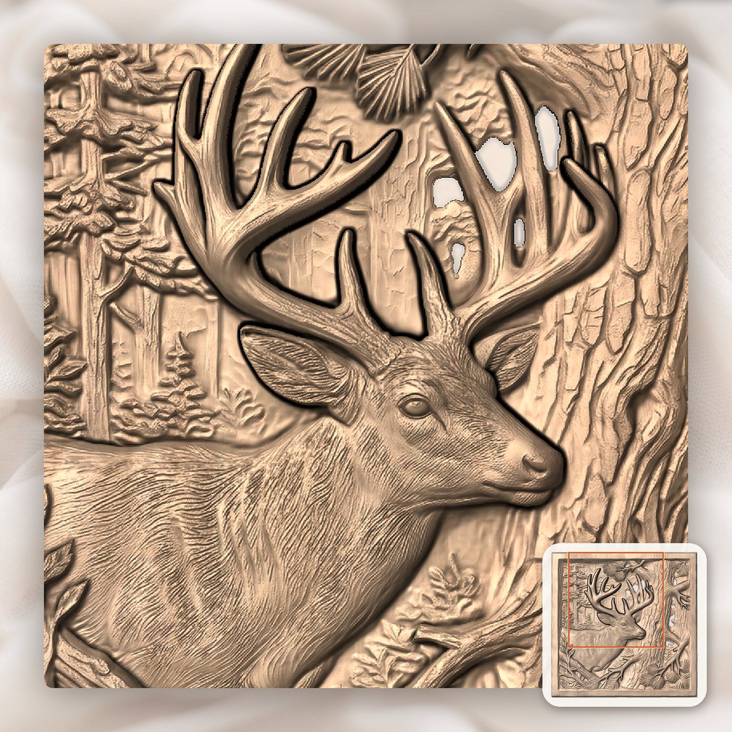 Majestic Whitetail Buck and Pine Tree CNC Relief STL bas-relief STL — view 7