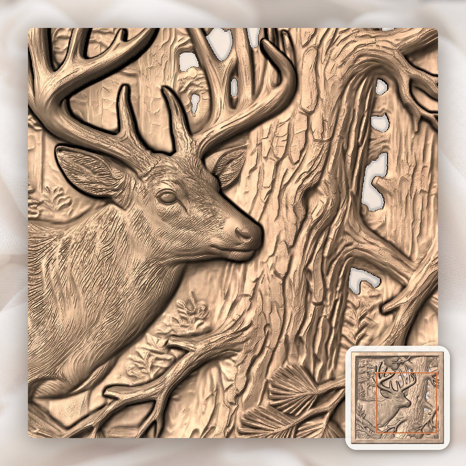 Majestic Whitetail Buck and Pine Tree CNC Relief STL bas-relief STL — view 8