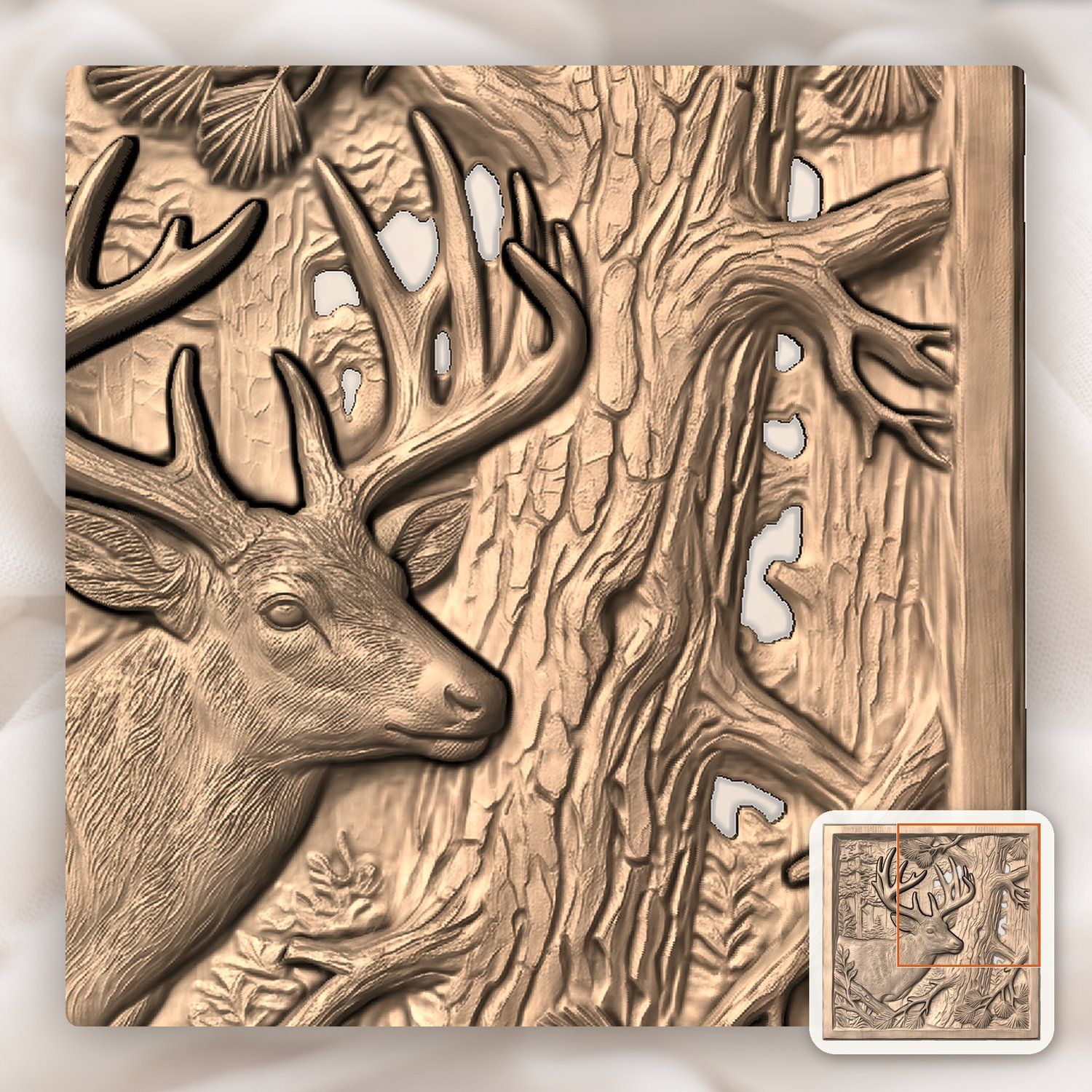 Majestic Whitetail Buck and Pine Tree CNC Relief STL bas-relief STL — view 9