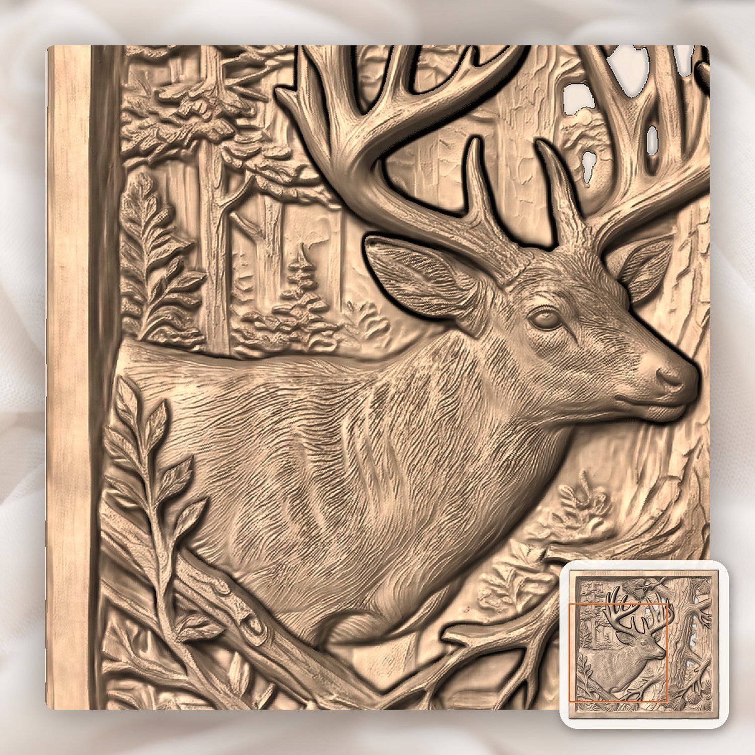 Majestic Whitetail Buck and Pine Tree CNC Relief STL bas-relief STL — view 10